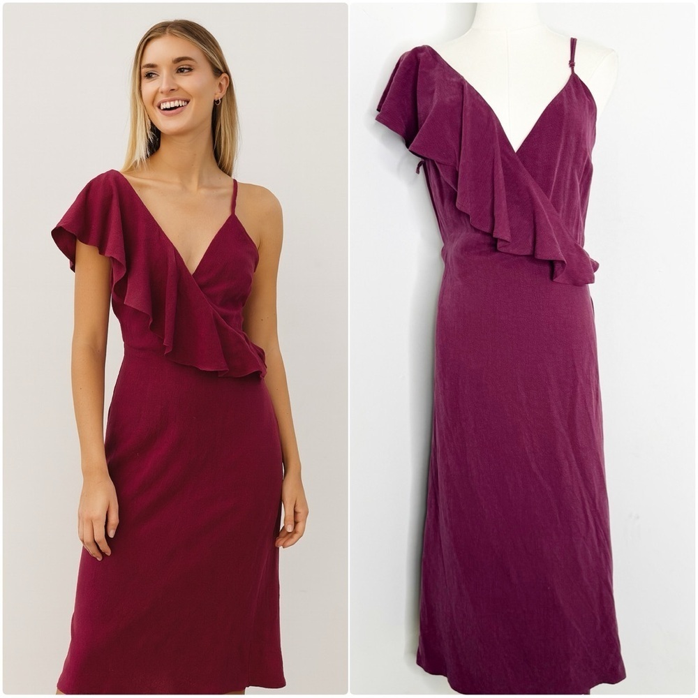 Line & Dot Burgundy Ruffle Midi Dress Size Medium Revolve NWT